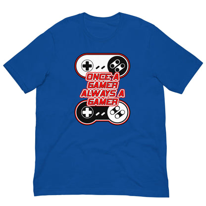 True royal blue T-shirt with large controller gamer graphic and text