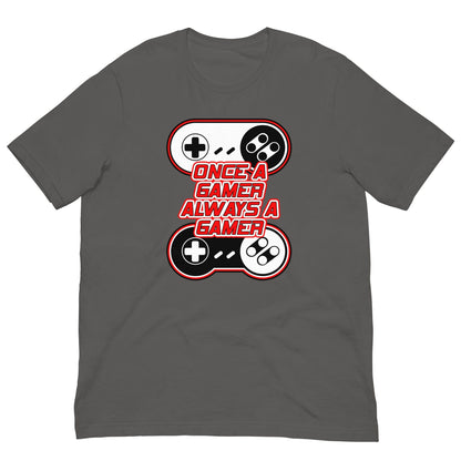 Dark gray T-shirt with large controller gamer graphic and text