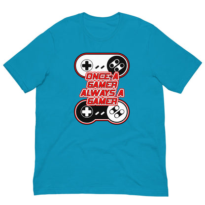 Aqua T-shirt with large controller gamer graphic and text