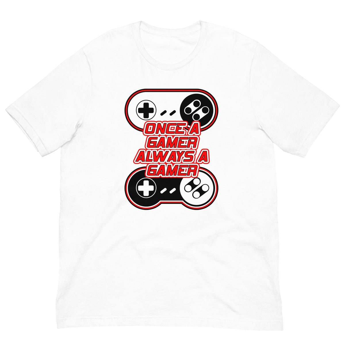 White T-shirt with large controller gamer graphic and text