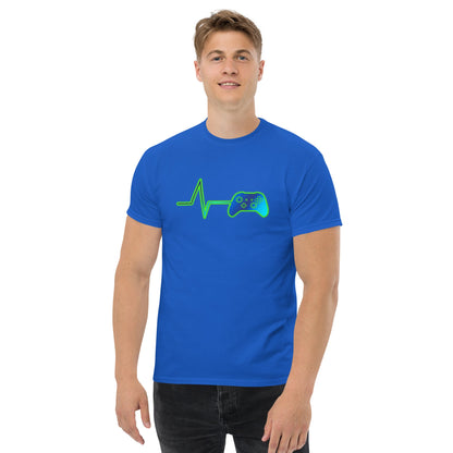Royal blue t-shirt with neon green heart pulse and game controller graphic on chest