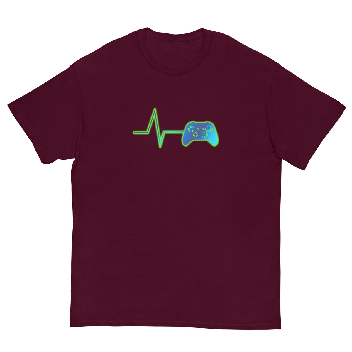 Maroon t-shirt with neon green heart pulse and game controller graphic on chest