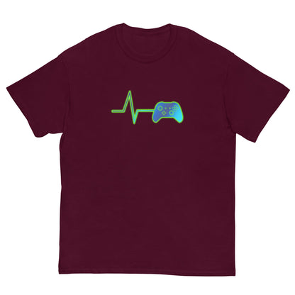 Maroon t-shirt with neon green heart pulse and game controller graphic on chest
