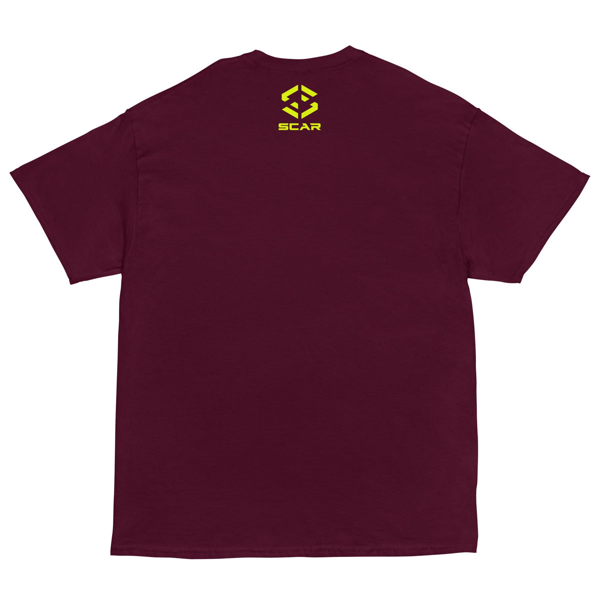 Maroon t-shirt with small back logo text and icon in yellow near neckline