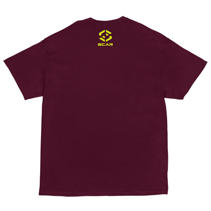 Maroon t-shirt with small back logo text and icon in yellow near neckline