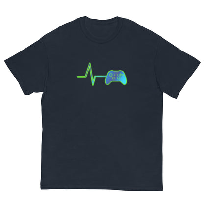 Navy T-shirt with green heartbeat line and game controller graphic on front