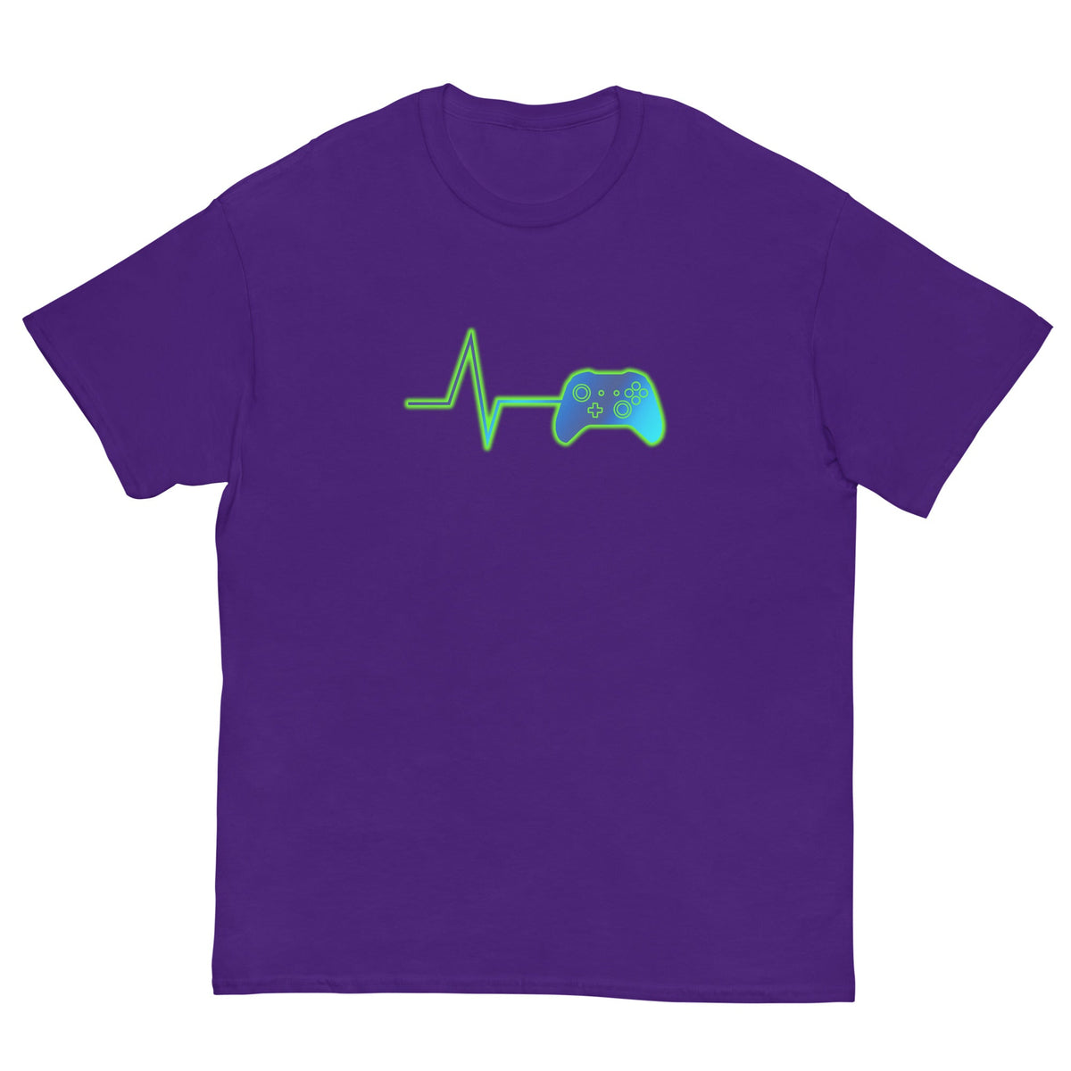 Purple T-shirt with green heartbeat line and game controller graphic on front