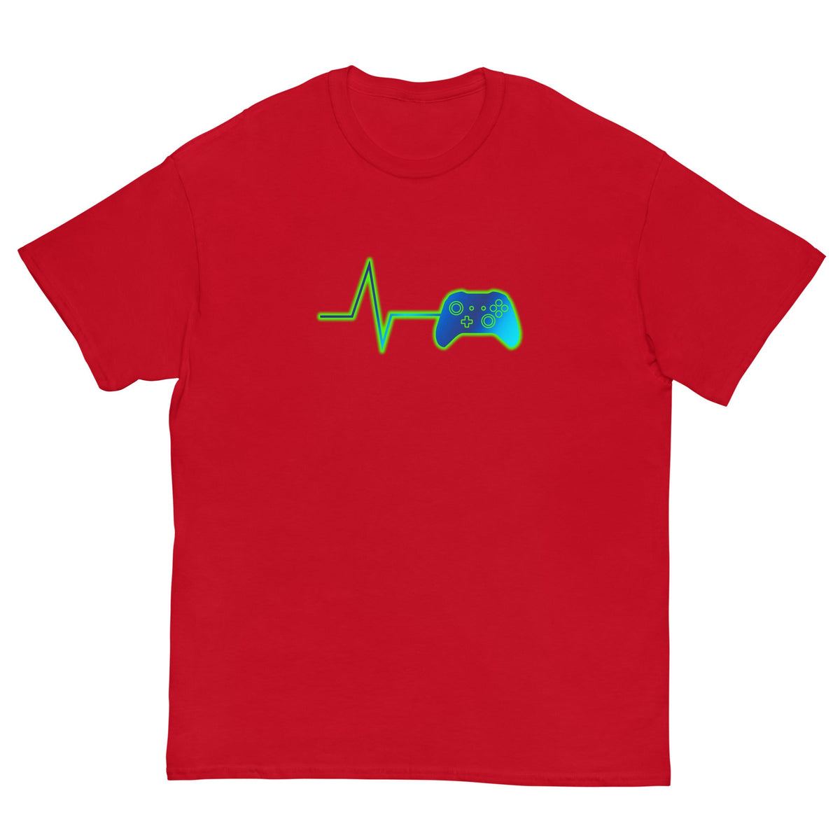 Red T-shirt with green heartbeat line and game controller graphic on front
