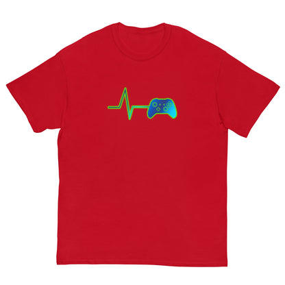 Red T-shirt with green heartbeat line and game controller graphic on front