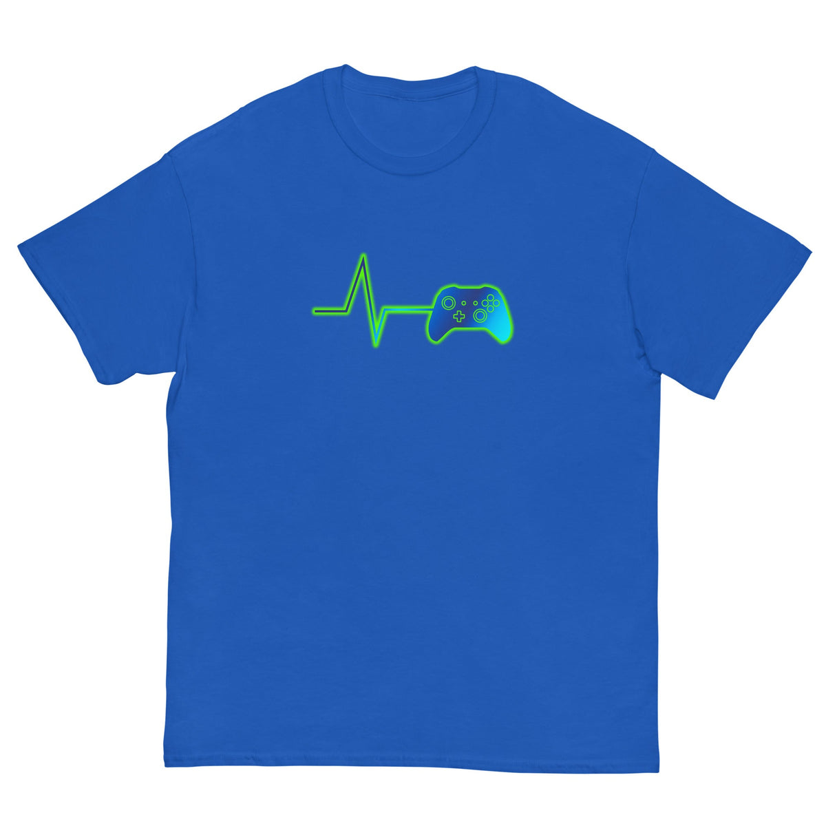 Blue T-shirt with green heartbeat line and game controller graphic on front