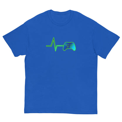 Blue T-shirt with green heartbeat line and game controller graphic on front