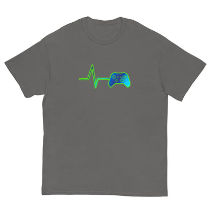 Charcoal gray T-shirt with green heartbeat line and game controller graphic on front