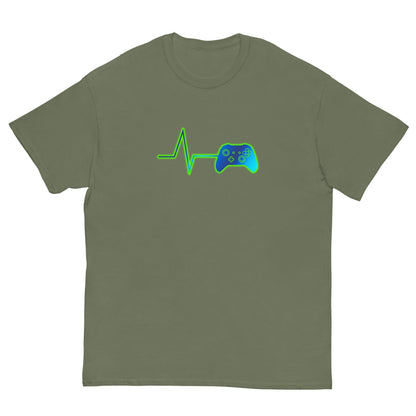 Military green T-shirt with green heartbeat line and game controller graphic on front