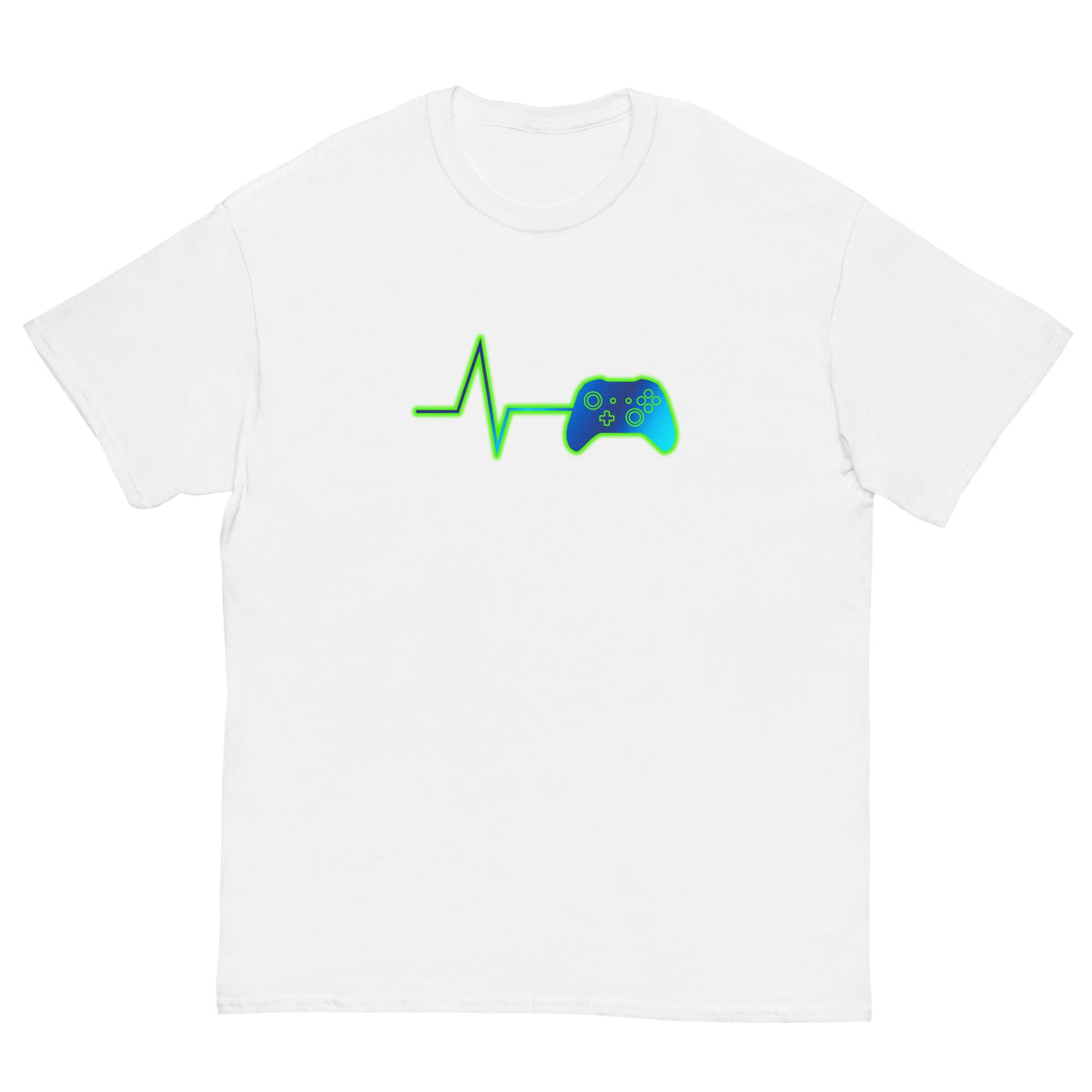 White T-shirt with green heartbeat line and game controller graphic on front