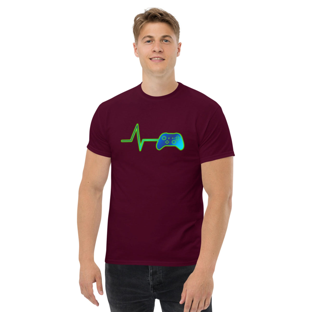 Maroon t-shirt with neon green heart pulse and game controller graphic on chest