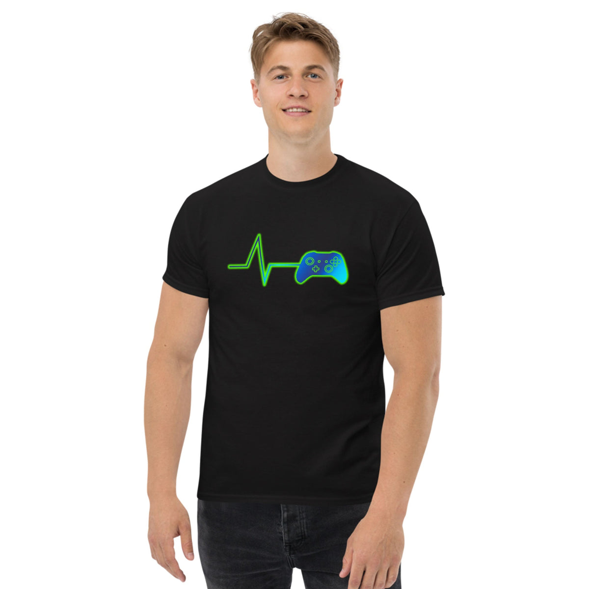 Black t-shirt with neon green heart pulse and game controller graphic on chest
