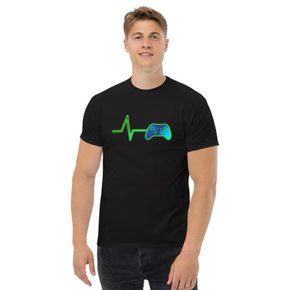 Black t-shirt with neon green heart pulse and game controller graphic on chest