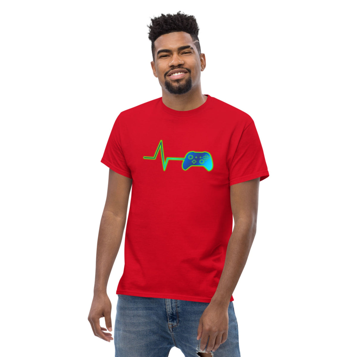 Red t-shirt with neon green heart pulse and game controller graphic on chest