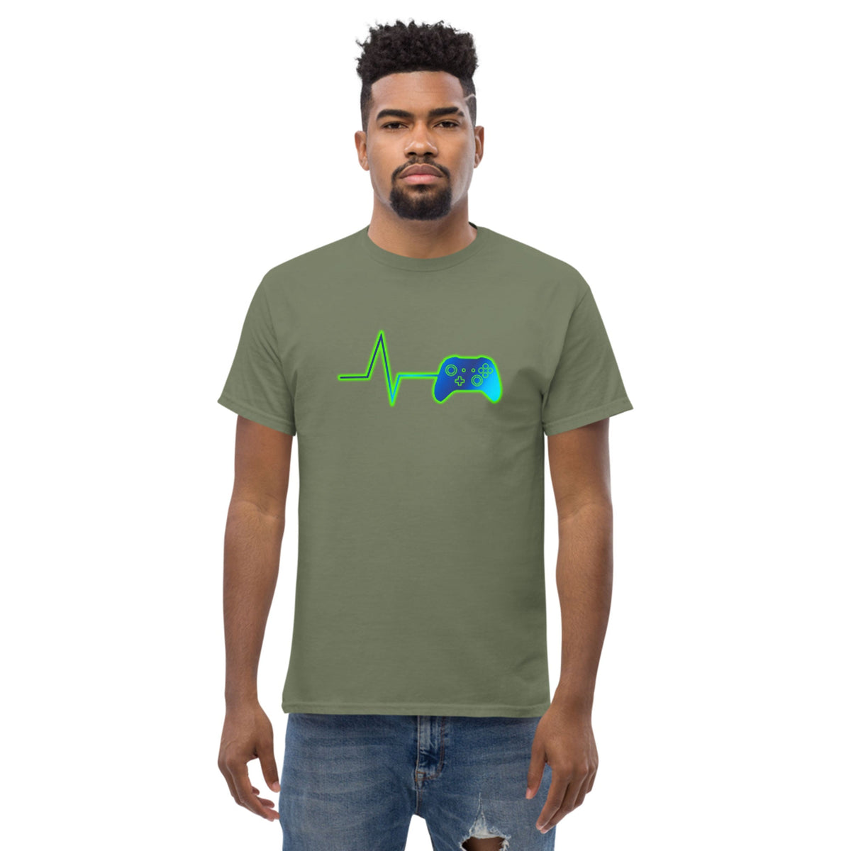 Olive green t-shirt with neon green heart pulse and game controller graphic on chest