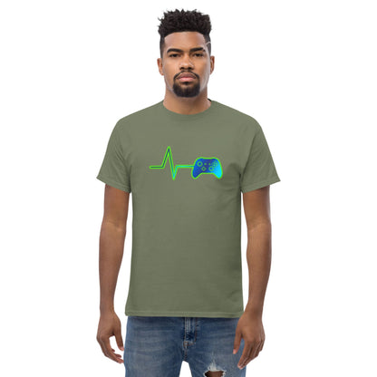 Olive green t-shirt with neon green heart pulse and game controller graphic on chest