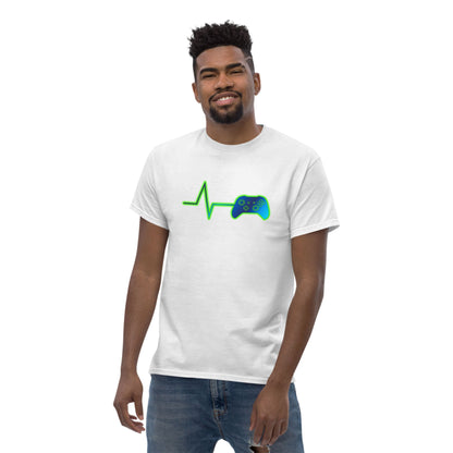 White t-shirt with neon green heart pulse and game controller graphic on chest