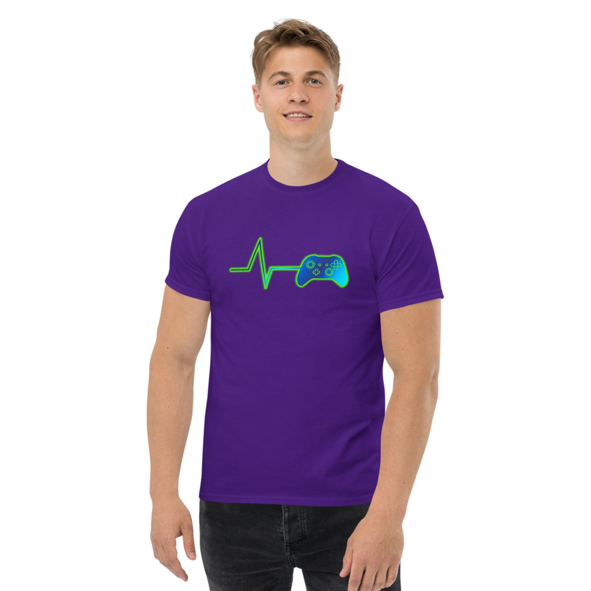 Purple t-shirt with neon green heart pulse and game controller graphic on chest