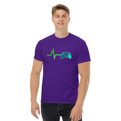 Purple t-shirt with neon green heart pulse and game controller graphic on chest