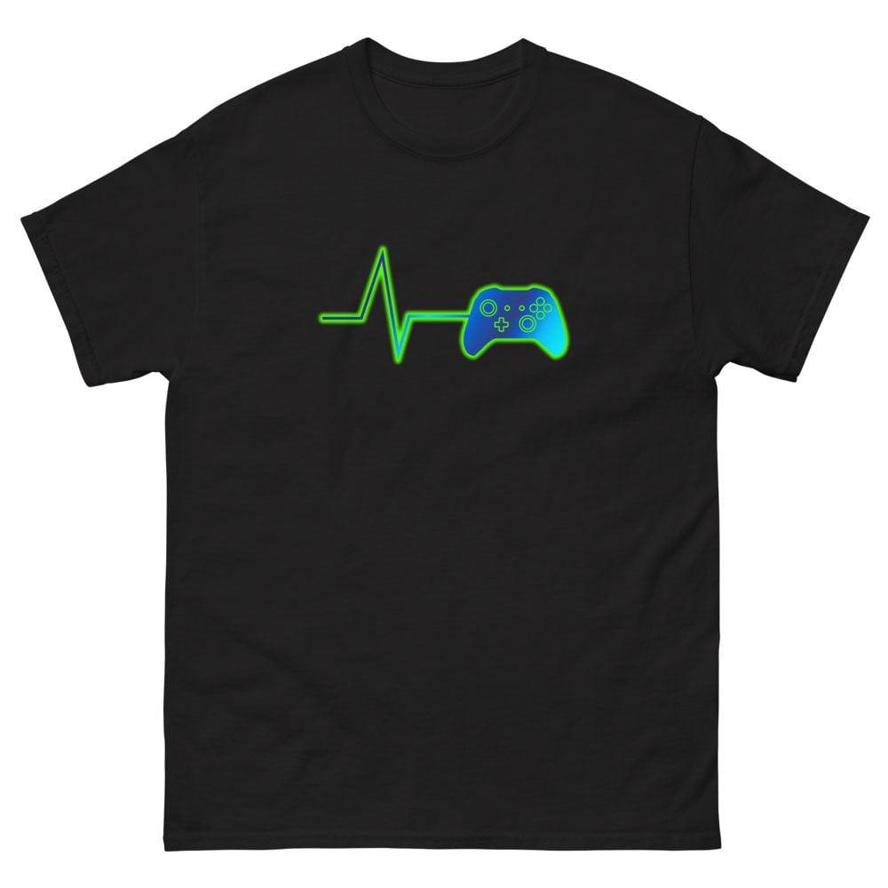 Black t-shirt with neon green heart pulse and game controller graphic on chest