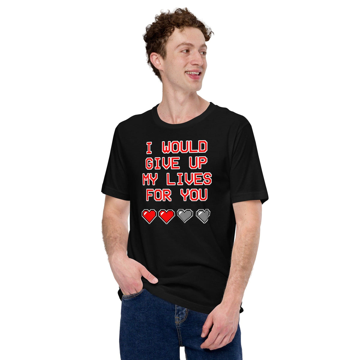 Black crewneck graphic T-shirt: 'I would give up my lives for you' hearts