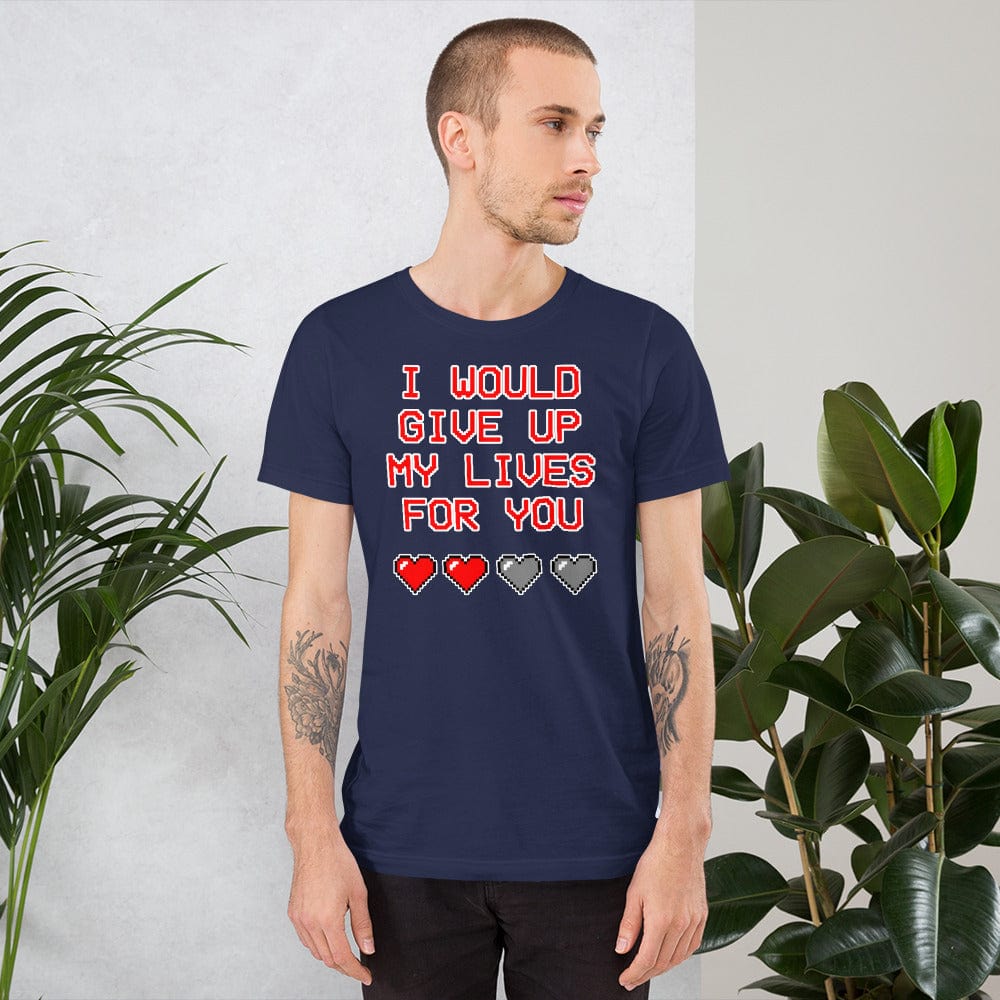 Navy crewneck graphic T-shirt: 'I would give up my lives for you' hearts