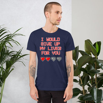 Navy crewneck graphic T-shirt: 'I would give up my lives for you' hearts