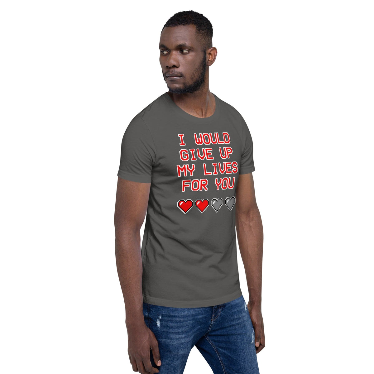 Asphalt gray crewneck graphic T-shirt: 'I would give up my lives for you' hearts