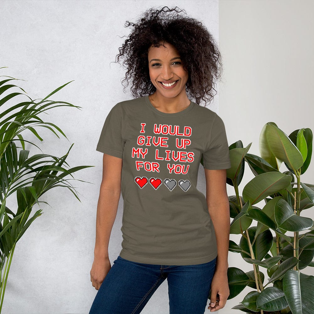 Army green crewneck graphic T-shirt: 'I would give up my lives for you' hearts