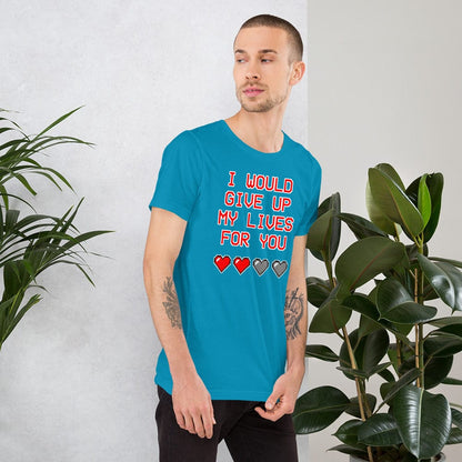 Aqua crewneck graphic T-shirt: 'I would give up my lives for you' hearts