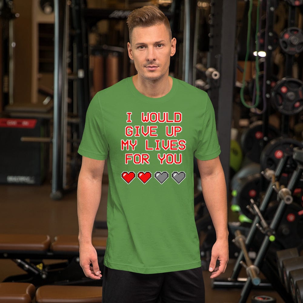 Leaf green crewneck graphic T-shirt: 'I would give up my lives for you' hearts