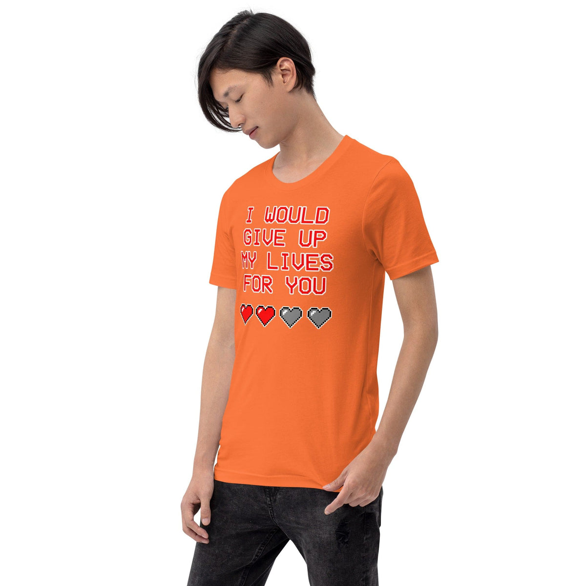 Orange crewneck graphic T-shirt: 'I would give up my lives for you' hearts