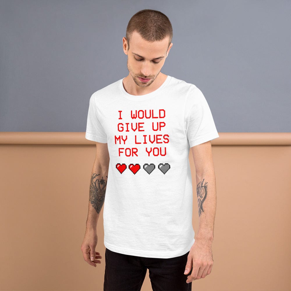 White crewneck graphic T-shirt: 'I would give up my lives for you' hearts
