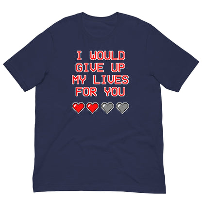 Navy T-shirt with “I WOULD GIVE UP MY LIVES FOR YOU” text and heart icons