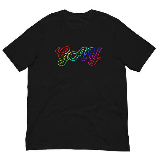 Black Pride-style T-shirt with colorful “Gay” script logo on the front