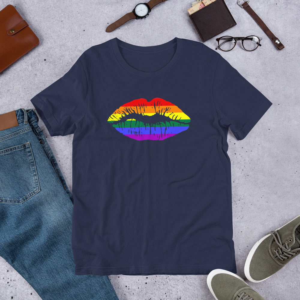 Navy rainbow lips graphic T-shirt laid flat, short sleeve crew neck