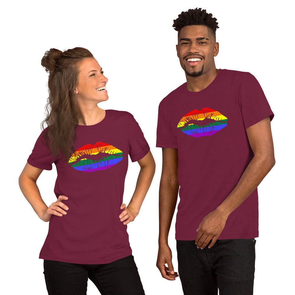 Maroon rainbow lips graphic T-shirt, short sleeve crew neck