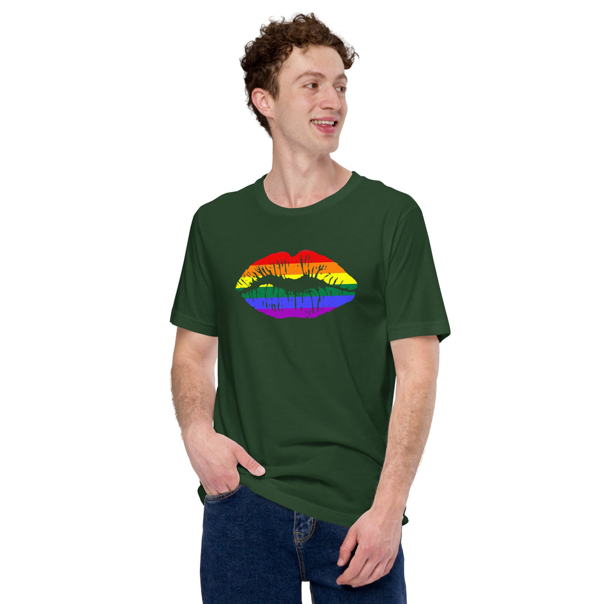 Forest green rainbow lips graphic T-shirt, short sleeve crew neck
