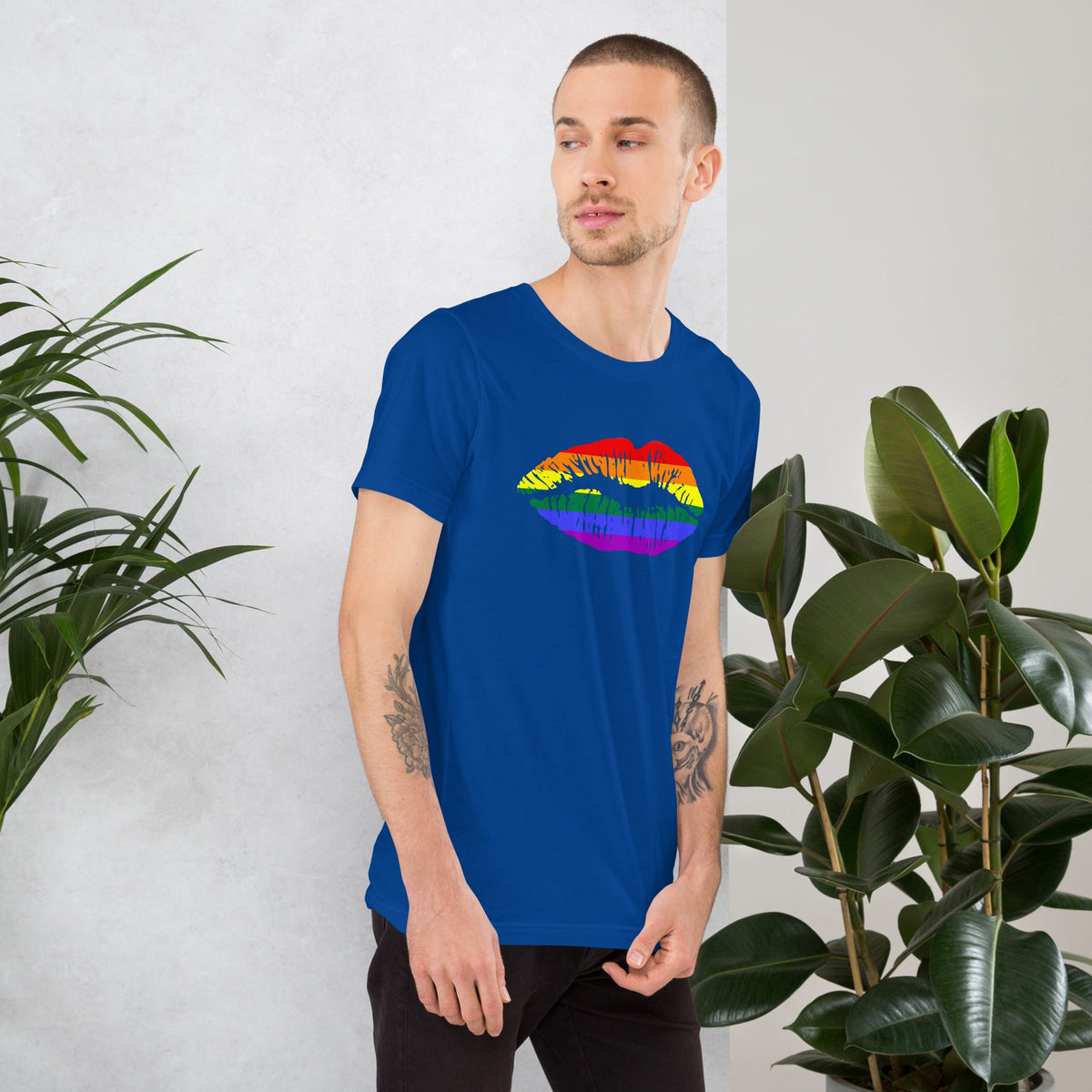 Royal blue T-shirt with rainbow lips graphic, worn by a model