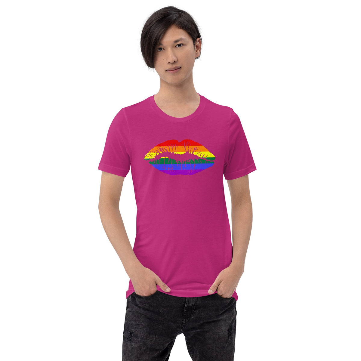 Magenta rainbow lips graphic T-shirt, short sleeve crew neck
