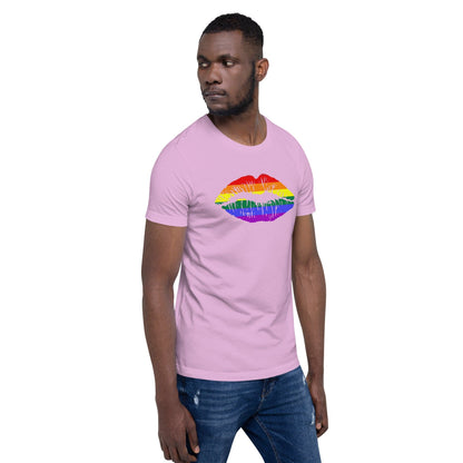 Lilac T-shirt with rainbow lips graphic, worn by a model