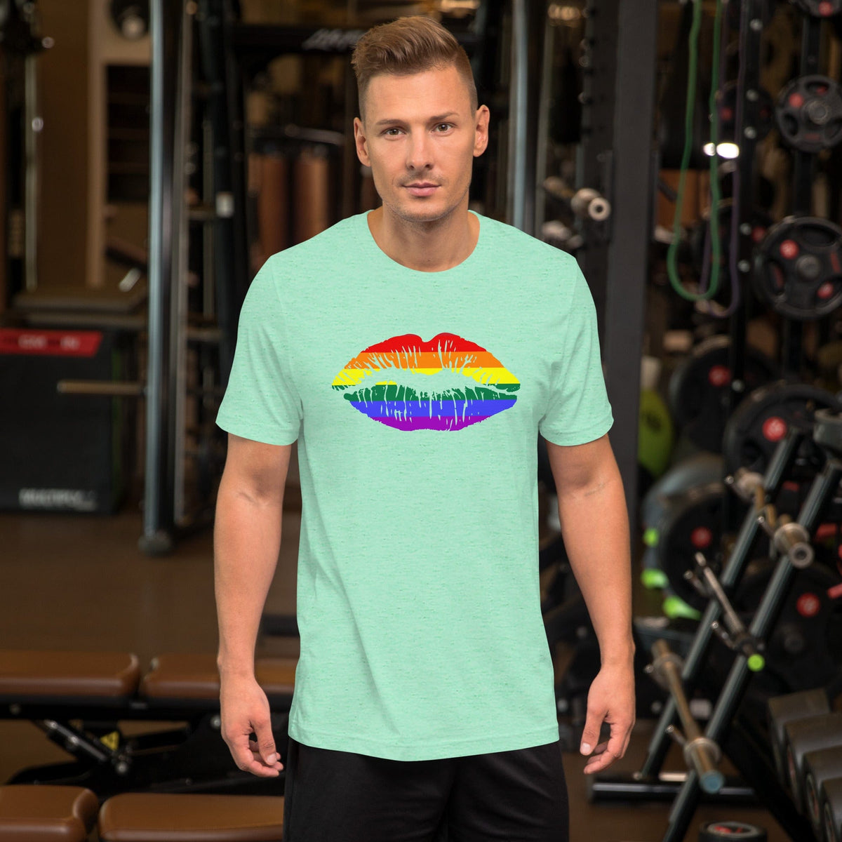 Mint green rainbow lips graphic T-shirt, short sleeve crew neck
