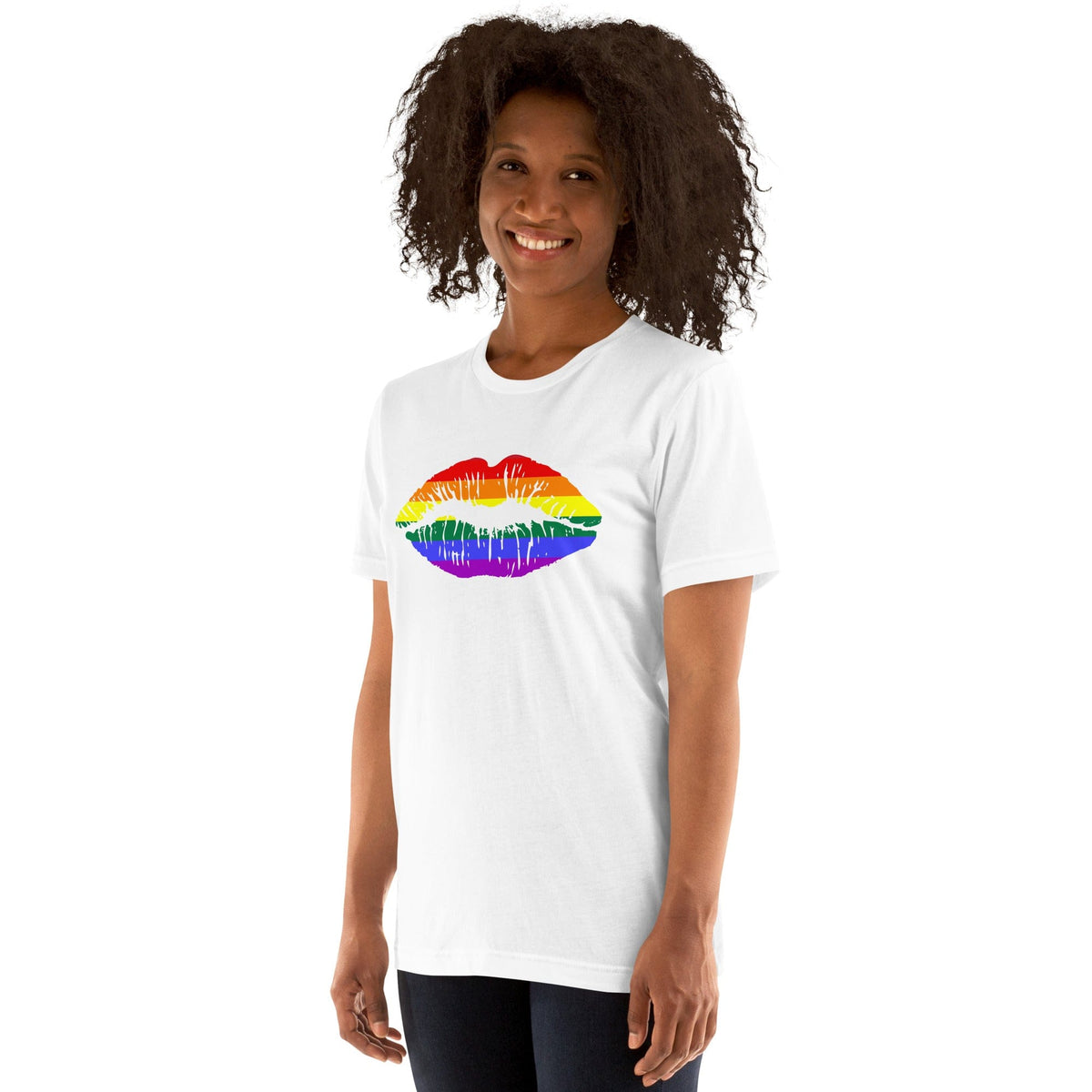 White rainbow lips graphic T-shirt, short sleeve crew neck