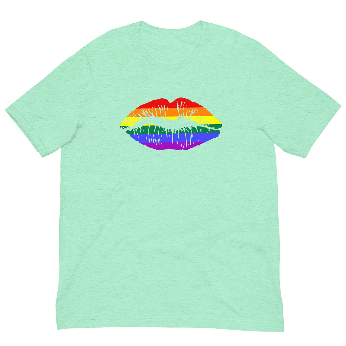 Mint green T-shirt with rainbow flag lips graphic on front