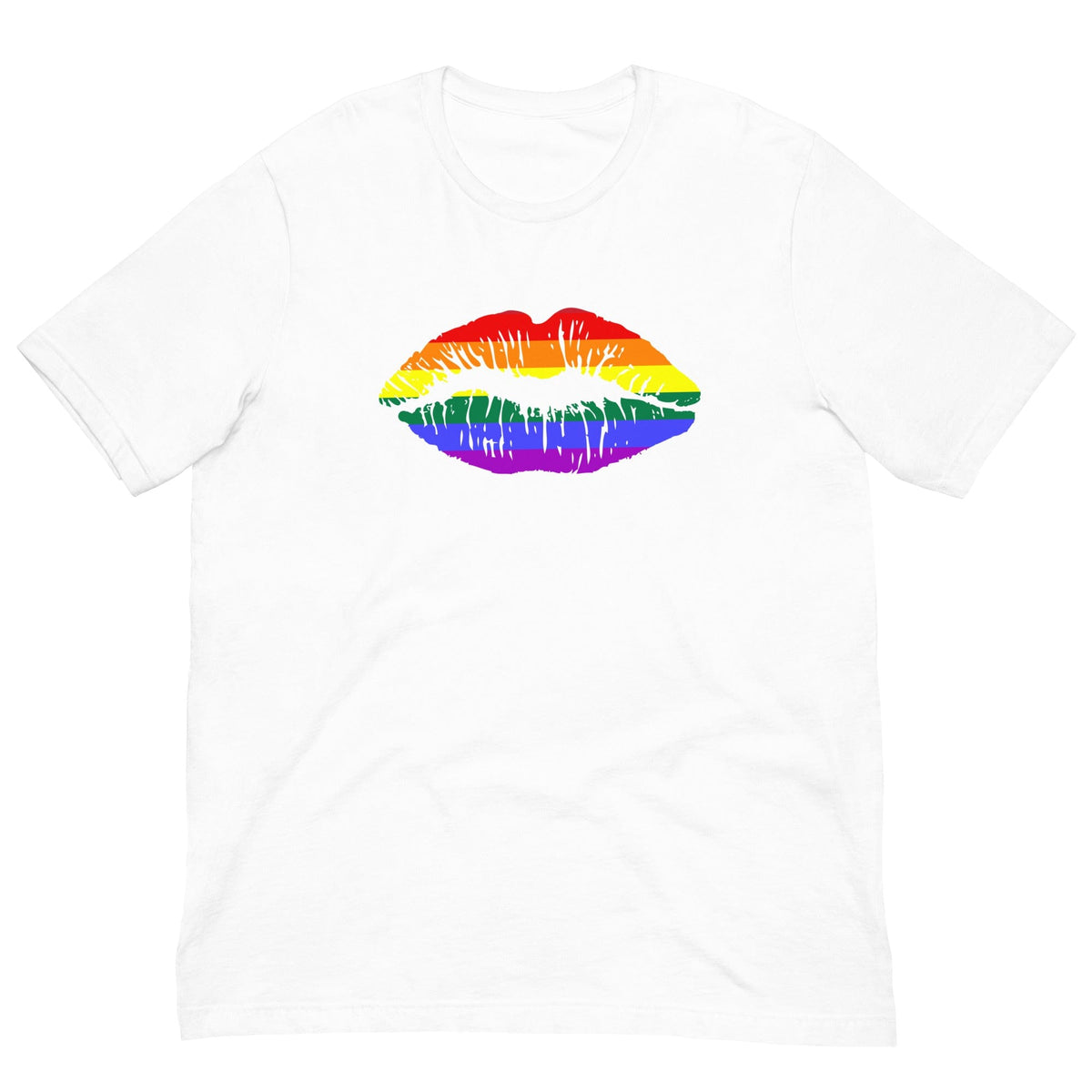 White T-shirt with rainbow flag lips graphic on front