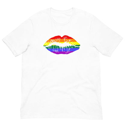 White T-shirt with rainbow flag lips graphic on front